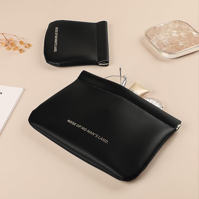 2 Pack Small Makeup Bag for Women, New Organosilicon Super Fiber PU Leather Mini Cosmetic Bag for Travel, Coin Purse Organizer Storage Pouch (Printed with Phrase, Black)