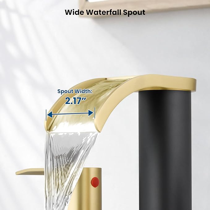 gotonovo Waterfall 8 inch Widespread Bathroom Faucet Set Bathroom Sink Faucet 3 Hole 2 Handle Vanity Lavatory Deck Mount with Pop Up Drain and Water Supply Lines Round Body Gold and Matte Black