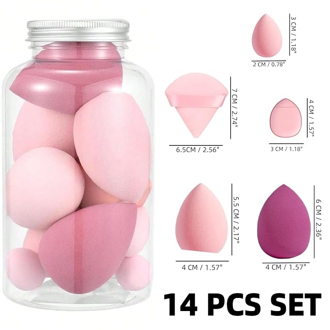 Beauty Blender Sponge Set 14PCS – Multi-Size Makeup Sponges for Foundation, Liquid, Powder - Triangle Puffs, Mini Beauty Blender, Thumb Powder Puff, Reusable & Wet or Dry Use (Pink)