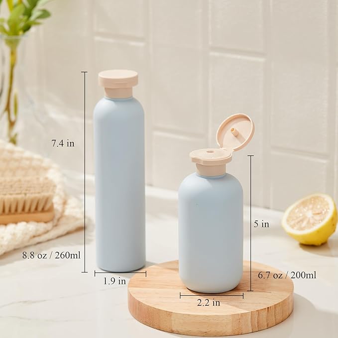 Qeuly Squeeze Bottles with Pump Dispenser and Flip Cap, 8.8 oz Refillable Travel Containers for Toiletries, Plastic Travel Shampoo and Conditioner Bottles (Blue 260)