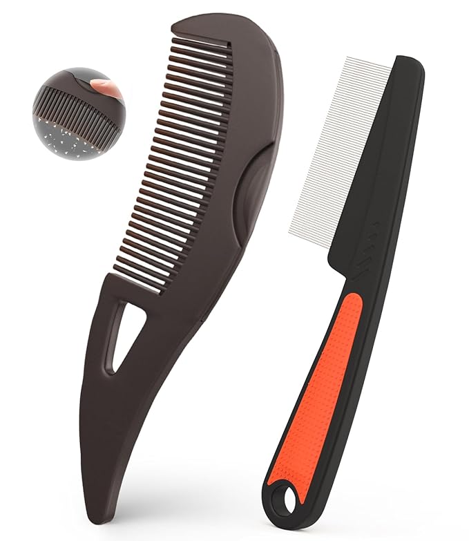 Self-Cleaning Dandruff Comb 2-Pack, Hollow Teeth Button-Release Scalp Detox, Fine Tooth 0.5mm & 2mm for Nits Buildup Removal, Women Men Kids, Stainless Steel Ergonomic Anti-Slip Hair Care Tool