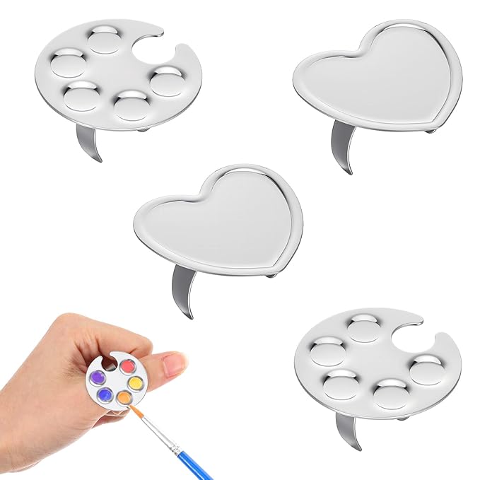 4 Pack Mini Nail Art Palette, Nail Polish Mixing Plate Metal Manicure Palettes Tools with Finger Rings Nails Art Tools Makeup Palette for Mixing Nail-Art Foundation Cosmetic