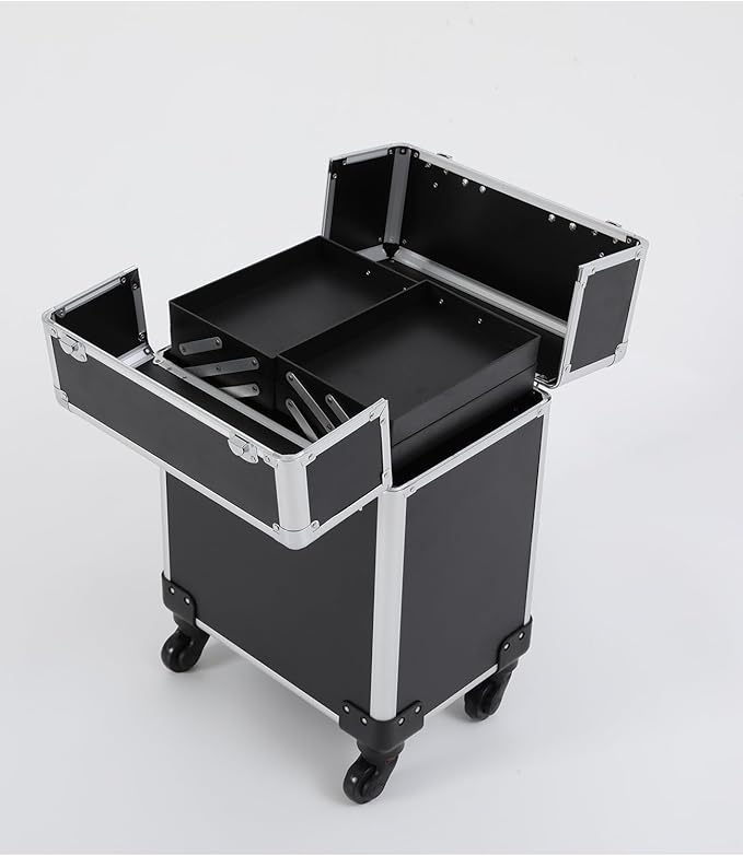 Black Rolling Makeup Case, Professional Cosmetic Box Storage on Wheels, Large Make Up Train Carrying Cases w/4 Organizer Trays, Cosmetic Case Trolley with Locks for Makeup/Nail Art/Hair Styling