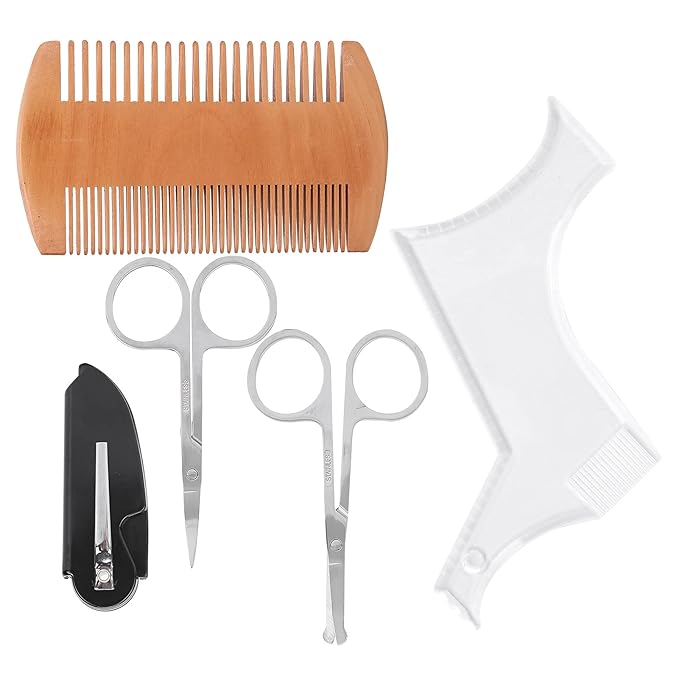 Transparent Beard Shaping Template Comb Scissors Set, Beard Grooming Styling Tool Kit, Double Sided Combs with Fine and Thick Teeth, Includes Folding Comb, Round Head and