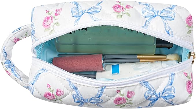 Makeup Bag Travel Cosmetic Bag for Women, Zipper Make Up Pouch, Floral Flowers Toiletry Organizer Makeup with Handle, Cosmetic Travel Cloth Bag (Blue Bowknot)