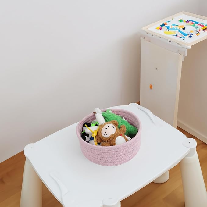 Small Storage Basket, Set of 3 Woven Baskets, Cotton Rope Small Baskets for Organizing, Cute Mini Tiny Round Basket, Bathroom Organization Bin (Pink)