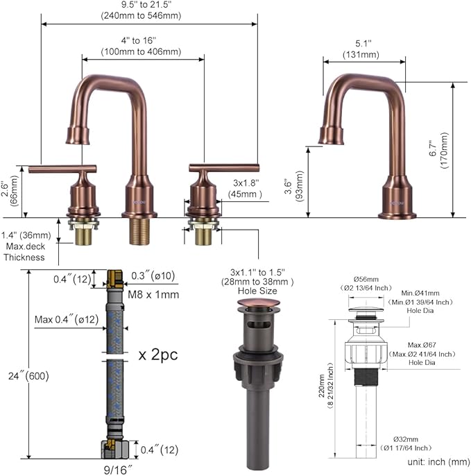 WOWOW Widespread Bathroom Faucet 3 Holes Bathroom Sink Faucet 2 Handle Vanity Faucet with Pop up Drain and Supply Lines Farmhouse Basin Tap 8 Inch Rose Gold