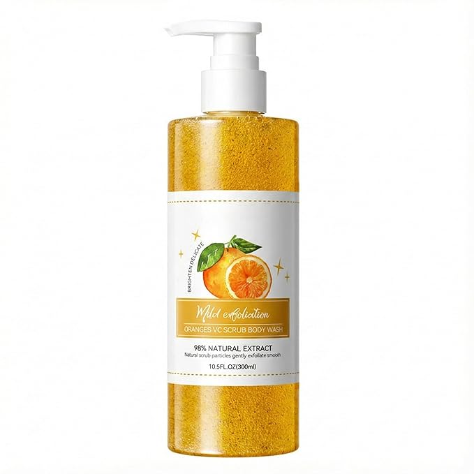 Orange Exfoliating Body Wash - [300ml] Vitamin C Brightening Shower Gel with Natural Scrub - Citrus Scented Mild Body Scrub for Glowing Skin & Roughness - Refreshing Daily Cleanser