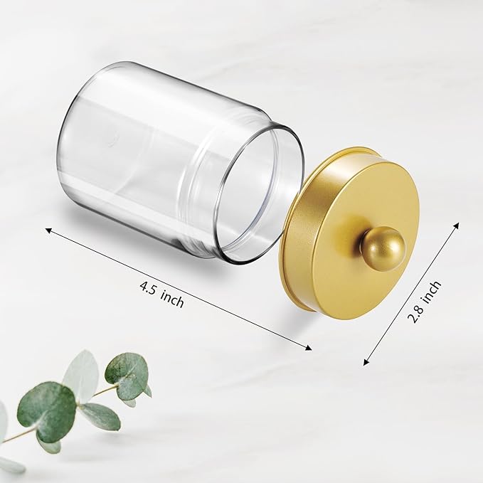 Amolliar Qtip Holder Dispenser - 8 oz Plastic Apothecary Jar Containers for Vanity Makeup Countertop Organizer Storage -Bathroom Canister Accessories Set for Cotton Swab, Ball, Pads, Floss-Gold (4)