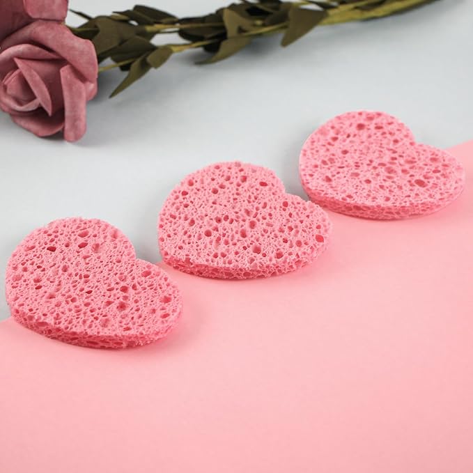 60-Count Compressed Facial Sponges With Container, Heart Shape Face Sponge, 100% Natural Pads for Cleansing, Massage, Pore Exfoliating Mask, Makeup Removal (Pink)