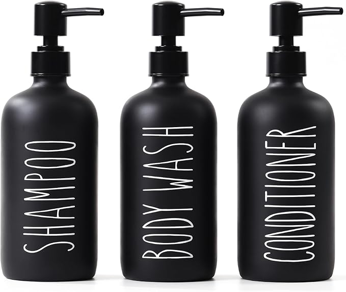 HOMCDALY Shampoo and Conditioner Dispenser Set of 3, 21oz Shower Soap Bottles with Pump, Refillable Shampoo Conditioner Body Wash Dispenser, Bathroom Shower Shampoo Bottles, shampoo container(P-Black)