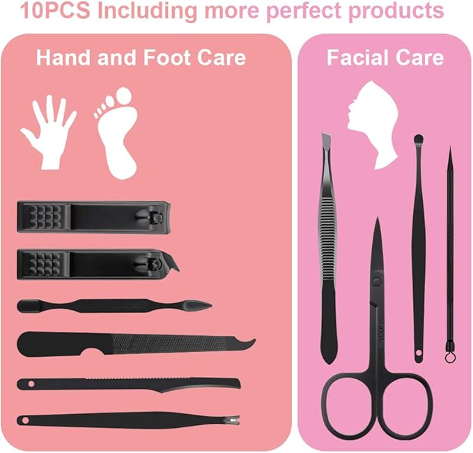OKOM Professional Nail Clippers Set - 10 PCS Stainless Steel Nail Kit with Travel Case, Tweezers Manicure Set Gift for Men Women