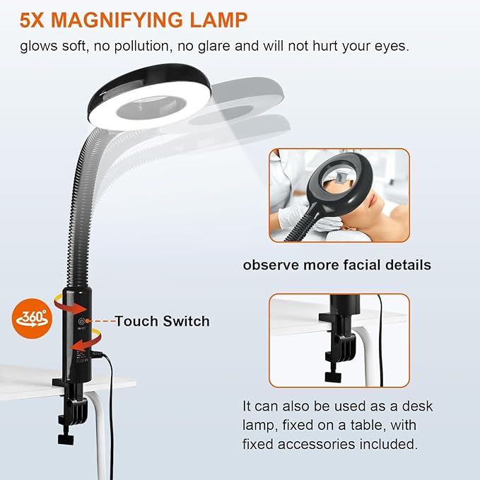 Professional Facial Steamer with 5X Magnifying Lamp, 2 in 1 Facial Steamer Upgrade PTC Heating, Esthetician Steamer Black Face Steamer for Salon Spa Beauty Skin Care (Black)
