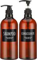 Empty Plastic Bottles with Labels, Segbeauty 33.8oz Large Brown Shampoo Conditioner Reusable Dispenser, 2 Packs of 1000ml Refillable Shower Lotion Pump Press Bottles for Bathroom Hand Soap Body Wash