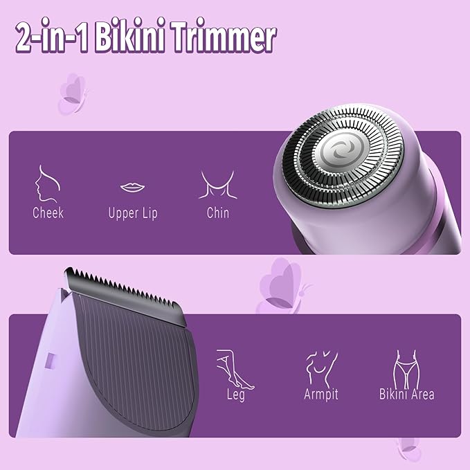 Bikini Trimmer for Women, 2 in 1 Electric Razor & Bikini Shaver for Womens IPX7 Waterproof Body Hair Trimmer and Facial Hair Remover,Purple
