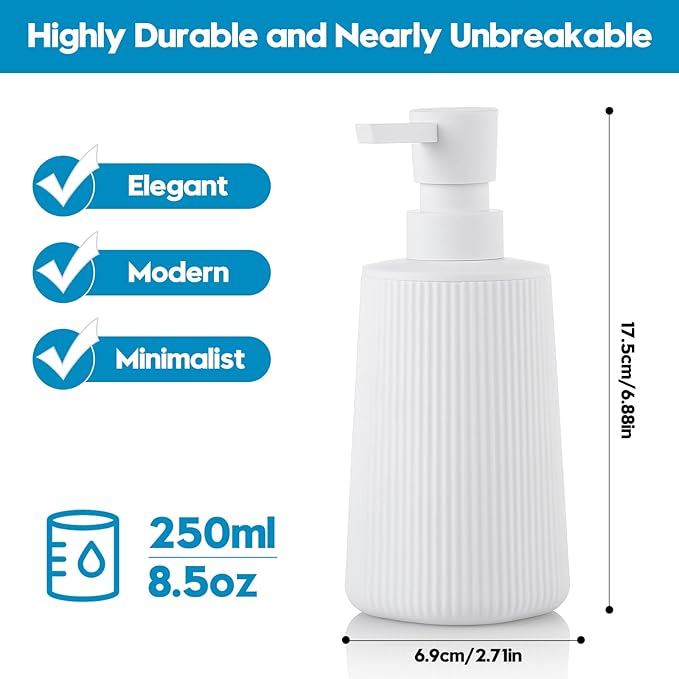 Small Soap Dispenser for Bathroom and Kitchen, Modern Farmhouse Striped Style Plastic Hand Soap Dish Soap Dispenser with Pump Matte White