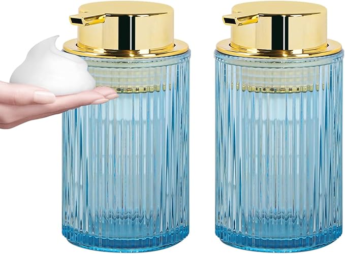 Foaming Soap Dispenser, 12 Oz Blue Glass Foam Hand Soap Dispenser, Refillable Glass Foam Pump Bottle Container Decorative Slim Ribbed Bottle for Bathroom and Kitchen