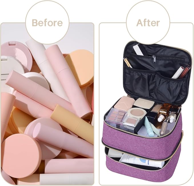 Double Layer Makeup Bag Portable Large Cosmetic Case Organizer with Adjustable Dividers Storage Travel Bag for Accessories Brushes Conditioner and Skin Care Products (Purple)
