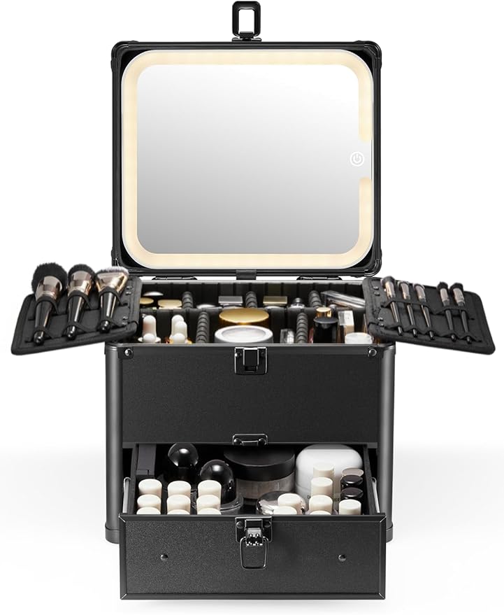 Qislee Makeup Box with Drawer and A Detachable Lighted Mirror, Waterproof Travel Train Case, Cosmetic Organizer and Makeup Suitcase with Adjustable Dividers, Magnetic LED Mirror (Black)