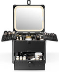 Qislee Makeup Box with Drawer and A Detachable Lighted Mirror, Waterproof Travel Train Case, Cosmetic Organizer and Makeup Suitcase with Adjustable Dividers, Magnetic LED Mirror (Black)