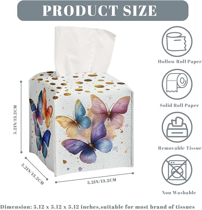 Butterfly Tissue Box Cover Metallic Gold Accents Blue Orange Art Leather Tissue Box Holder Square Facial Paper Organizer Dispenser for Bathroom Kitchen Bedroom Vanity Countertop Night Stands