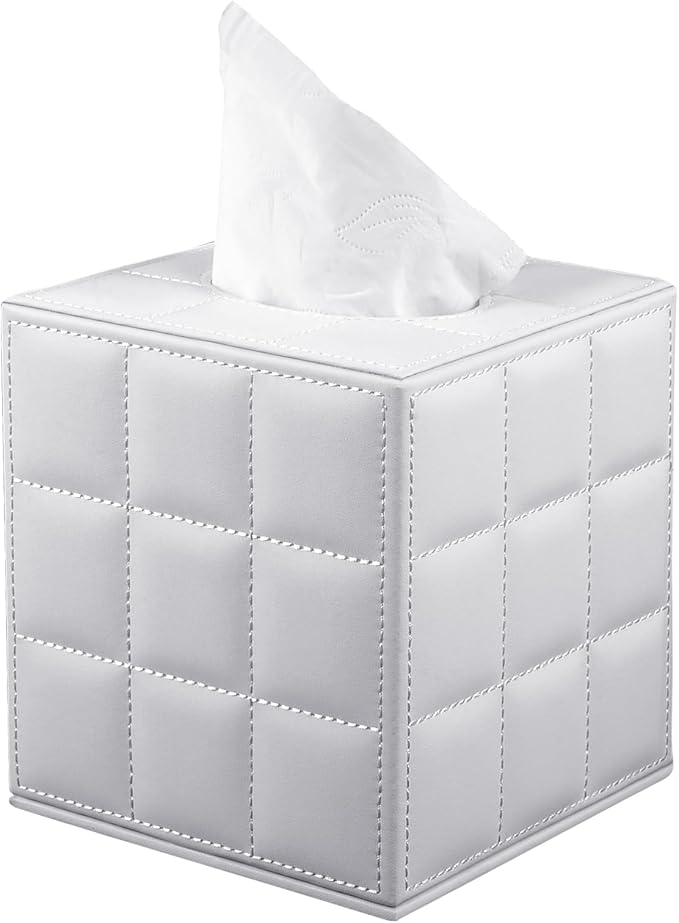 Tissue Box Cover Square,Stylish PU Leather Tissue Box Holder for Dresser Bathroom,Facial Tissue Holder with Magnetic Bottom for Home Office (White)