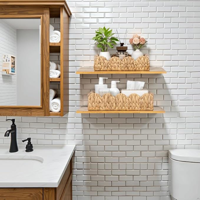 Decorative Toilet Paper Storage Basket, Modern Farmhouse Home Decor Scalloped Basket for Organizing, Pantry Baskets for Shelves, Countertop, Living Room, w/Wood Handles, Natural, 2 Sizes