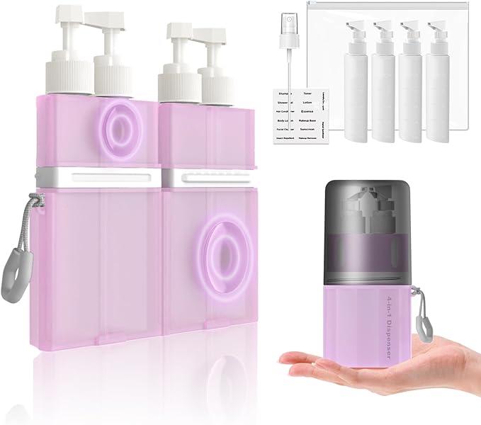 4 in 1 Travel Dispenser Bottle, TSA Approved Refillable Shampoo and Conditioner Bottles Set with Suction Cup for Smooth Walls, Travel Size Toiletries Container for Body Wash/Lotion.(Pink+Grey) 2P