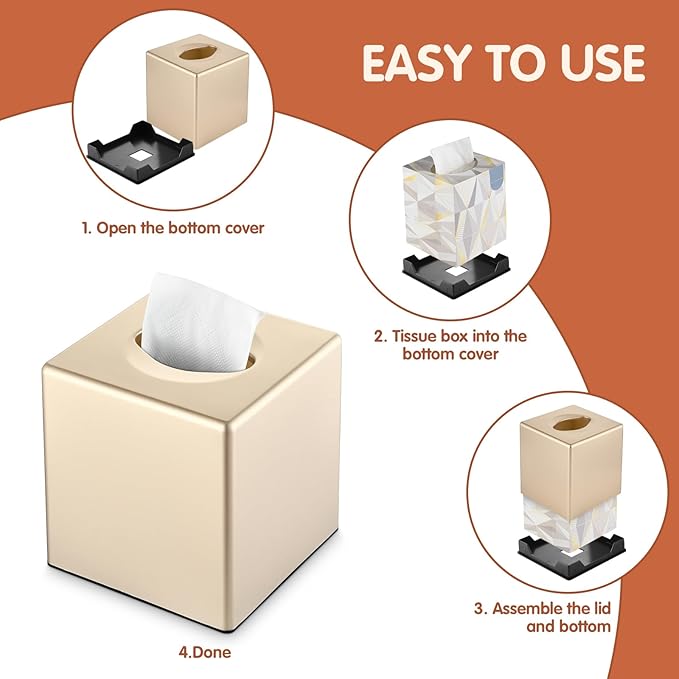 Tissue Box Cover, Decorative Square Facial Storage Tissue Box Holder, Home Accessories for Bathroom Vanity Countertops, Dressers, Night Stand, Parlors and Office - Champagne Gold
