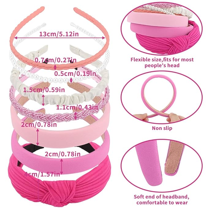 AHONEY 7 Pack Hot Pink Headbands for Girls Women Headbands Trendy Non Slip Hairbands Cute Hair Accessories Multi-style Headband Pack Diademas Para Mujer