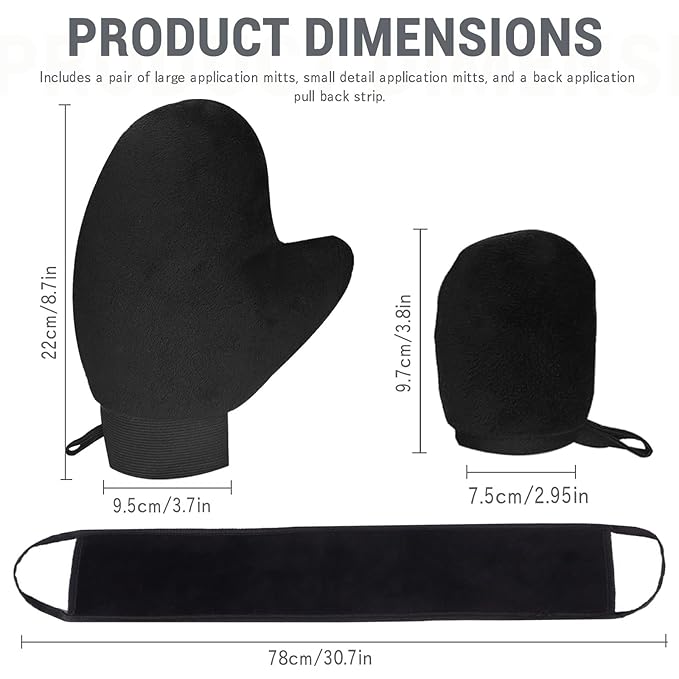 Tanning Mitt and Self Tanner Back Applicator, Different Sized Self Tanning Kit, Tanning Glove Self Tan Back Applicator for Lotion Mousse Sunless Face Skin Body Beauty Women Men (black)