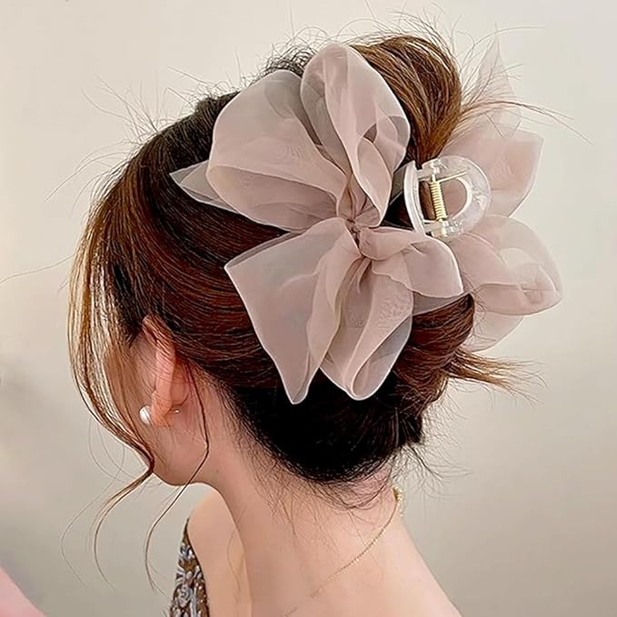 RUIYDZ Hair Clip, Light Coffee Chiffon Bowknot Hair Claw Clips for Thick Hair, Large Claw Clips for Women, Elegant Hairclips, Hair Accessories, Hair Clips for Girls