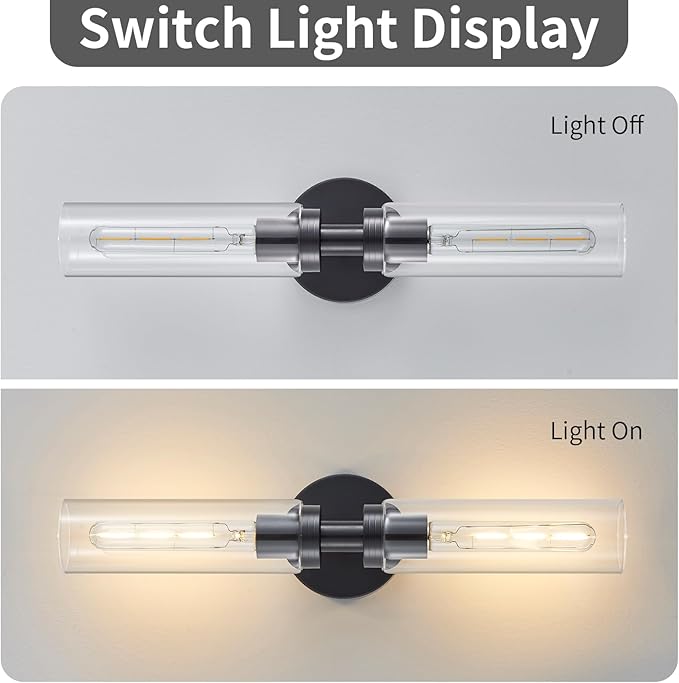 2 Light Bathroom Wall Sconce Set of 2,Modern Farmhouse Black Bathroom Light Fixture Over Mirror with Clear Glass Shade,Bathroom Vanity Light for Hallway Cabinet Bedroom Stairway Porch