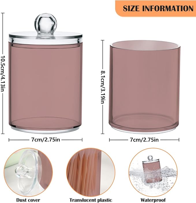 Rosy Brown Qtip Holder Organizer Dispenser Cotton Swabs Cans Plastic Jars with Lid Set 2 Pack Bathroom Storage Canister for Cotton Ball Floss Cotton Pads