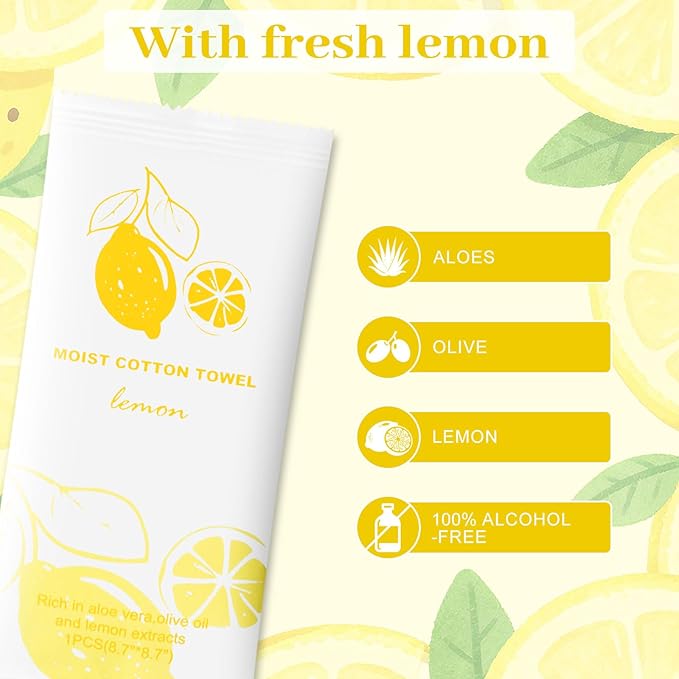 Moist Cotton Towel Bulk Moist Towelettes Individually Wrapped,White Towel Services,Refreshment Pre Moistened Towels for Dentist Travel Sport Party Hotel 200,Lemon