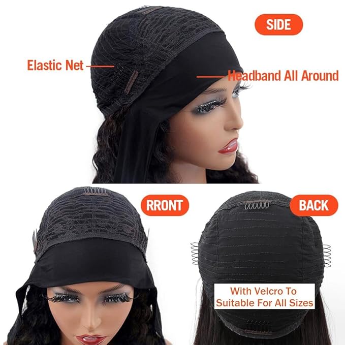 XSY Headband Wig Human Hair 1B/99J Burgundy Deep Wave Headband Wig Red Colored Curly Headband Wig Glueless No Lace Front Wig Brazilian Virgin Human Hair Wigs for Black Women 150% Density 18 Inch