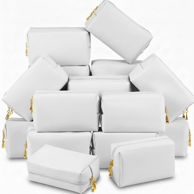 Kigeli 15 Pcs Aesthetic Makeup Bags PU Leather Cosmetic Pouches Waterproof Plain Toiletry Bags Makeup Pouches Bulk for Women Party Gift Travel Storage Organizer(White)