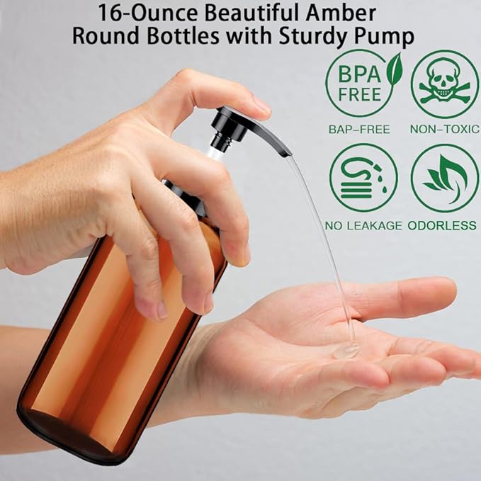 Soap Dispenser with Rust Proof Pump, Waterproof Labels (2 Pack,16 Oz) Bathroom, Plastic Hand Dish Soap Dispenser for Kitchen, Premium Thick Soap Pump Bottles (Amber)