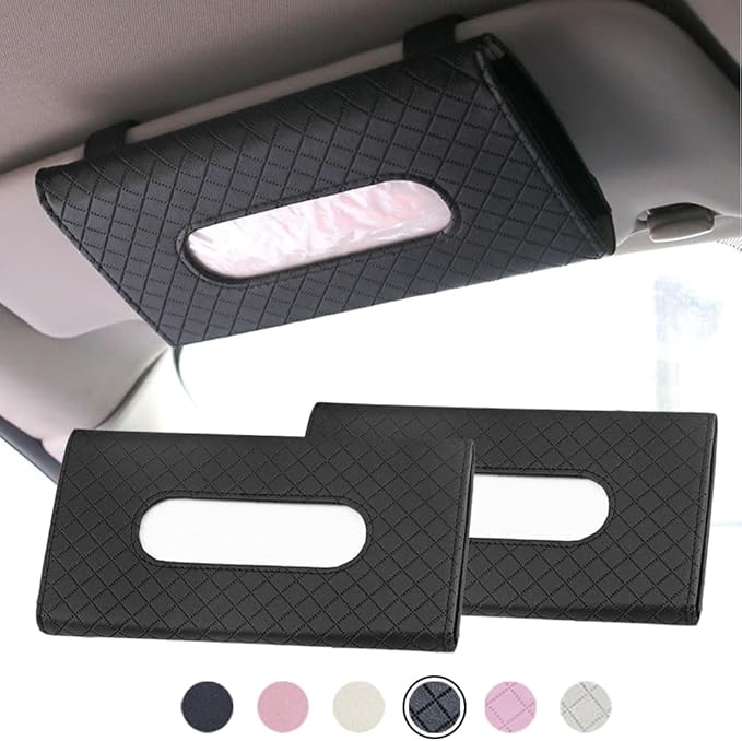 Car Sun Visor Tissue Holder, 2 Pack Vehicle Napkin Box, Premium PU Leather, Car Mask Holder for Sun Visor Vehicle, with Tissue Refill, Black