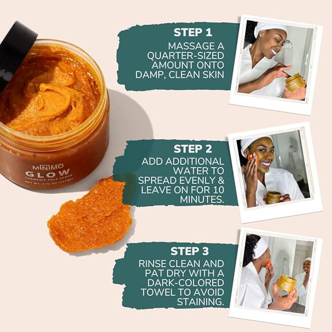 Minimo Glow (Citrus Peach) Turmeric Face Scrub, Heart Applicator Included 5 oz - No Mix, Ready to Apply