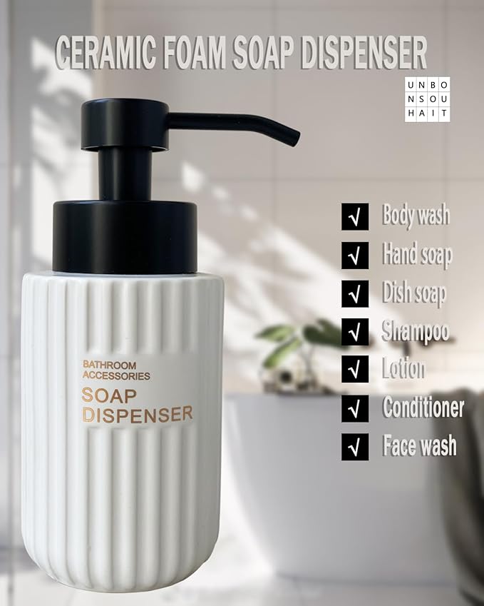 11.5 Oz Foaming Soap Dispenser for Bathroom,Kitchen Foam Soap Dispenser,Refillable Modern Foam Pump Bottle,Black Ceramic Foaming Hand Pump Dispenser (White Stripe)