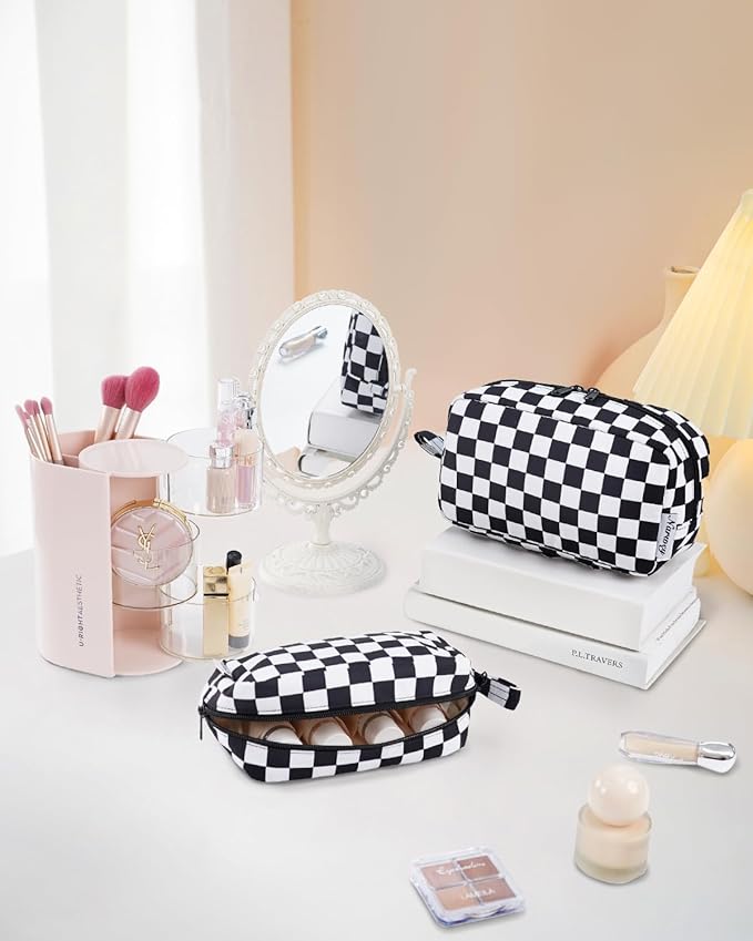 Narwey Checkered Makeup Bag Travel Cosmetic Bag Organizer Small Toiletry Bag Make Up Bags with Organized Pockets for Women (Black Checkerboard, Large)