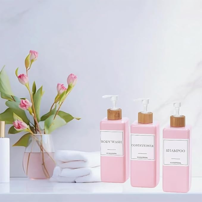 Shampoo and Conditioner Dispenser for Shower, Refillable Shampoo and Conditioner Bottles Body Wash Dispenser with Waterproof Labels, 3PCS Soap Dispenser Bathroom Pink White Empty Pump Bottle