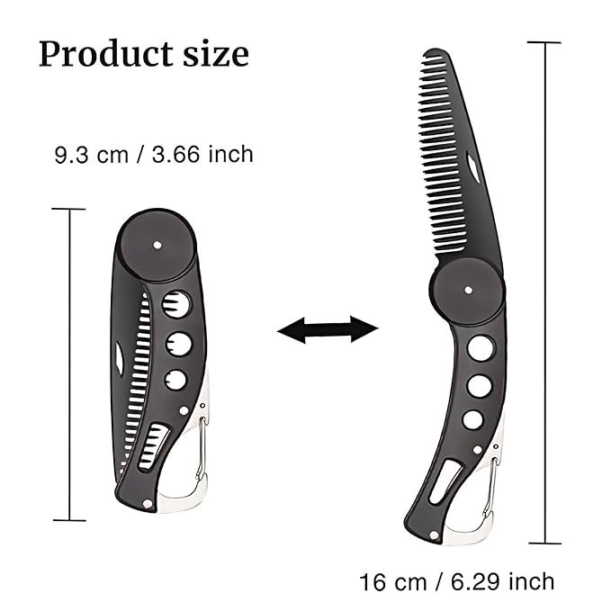 Stainless Steel Folding Beard Comb, Portable Mustache Comb, Beard Grooming Kit - Black