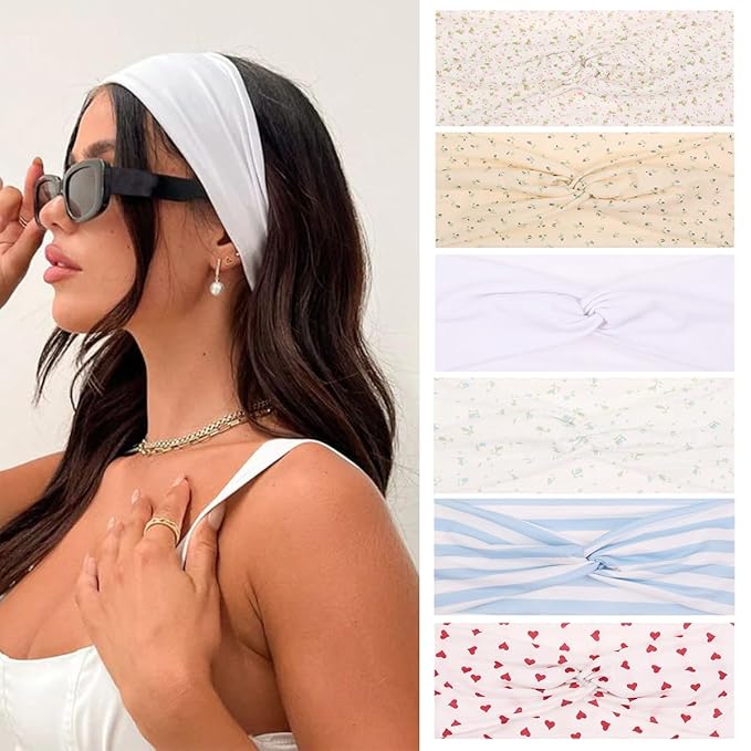 Kachanaa 6 Pack Fashion Non-slip Bandana Headbands for Women Knot Floral Printed Hair Band Scarf Turban for Yoga Outdoor Sport Sweat Wicking for Girls