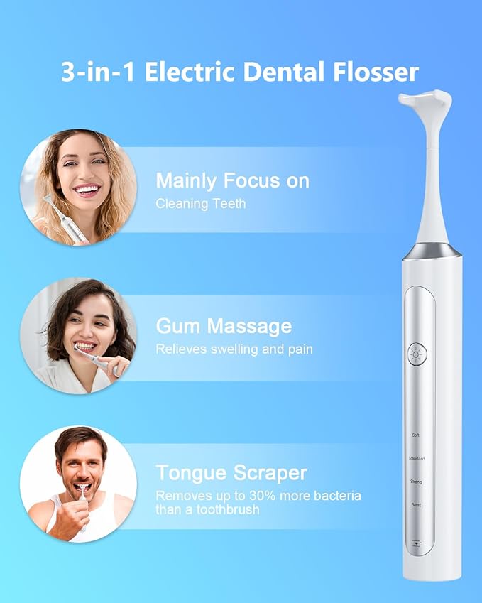 Rechargeable Electric Flosser–4-Speed Dental Flosser with 60 Heads & Tongue Cleaner – contactless Charging Base for Adults & Kids – Dentist-Approved Gum Care & Water Flosser Alternative