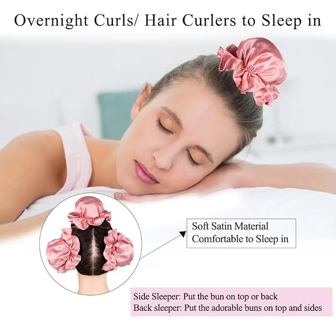 3 Sets Bun Bons Heatless Curls Satin Heatless Curling Set Overnight Curls Blowout Rods soft Hair Curlers to Sleep in with Bonnet Cap No Heat Silk Wrap Headband Roller SPink