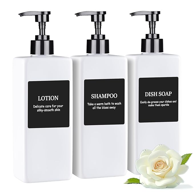 Refillable Plastic Pump Bottle Dispenser with Waterproof Labels - Empty Bathroom Soap and Body Wash Dispenser Set (White, Set of 3, 500ML)