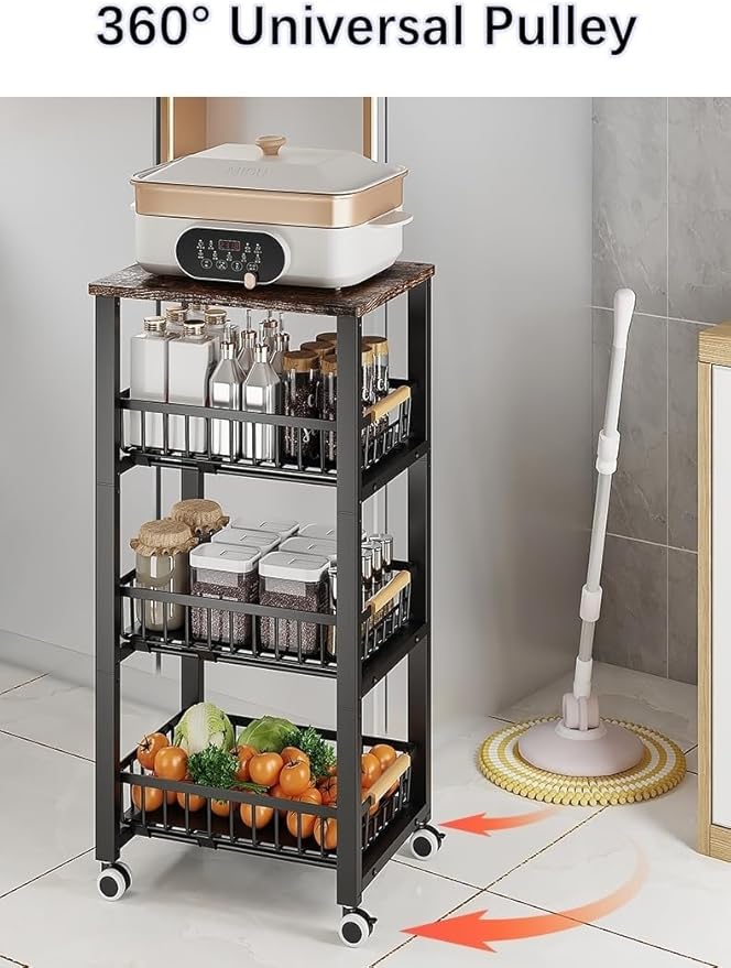 Metal Wire Baskets with Wheels, Stackable Storage Bins Kitchen Organizer Shelf, Multi Layer Fruit Vegetable Cart Dishes Seasonal Rack Freestanding with Pull Out Slide Drawer