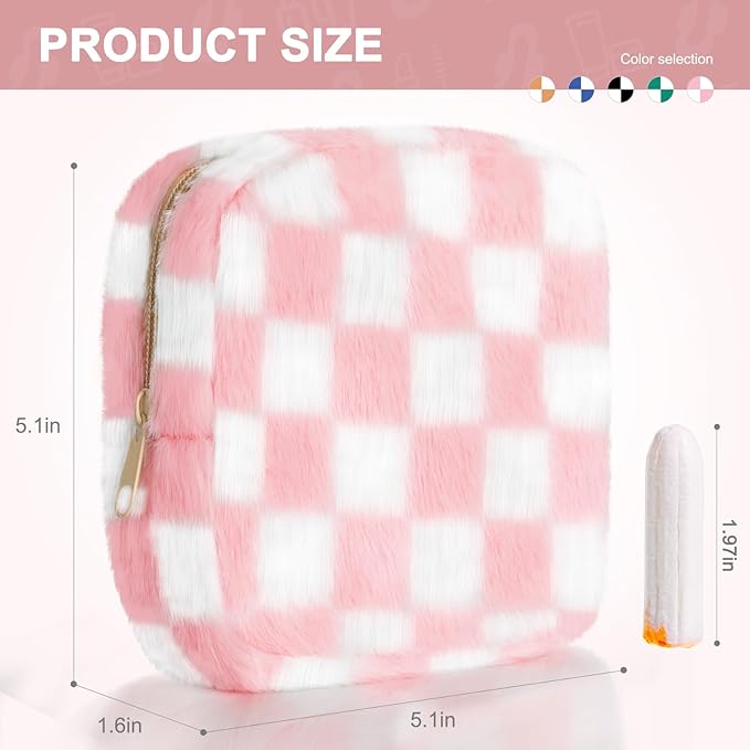 Sanitary Napkin Storage Bag, Zipper Period Bag, Checkered Portable Menstrual Pad Bag Panty Liners, Tampon Storage Pouch for Women Ladies Daily Use Storage Purse Travel